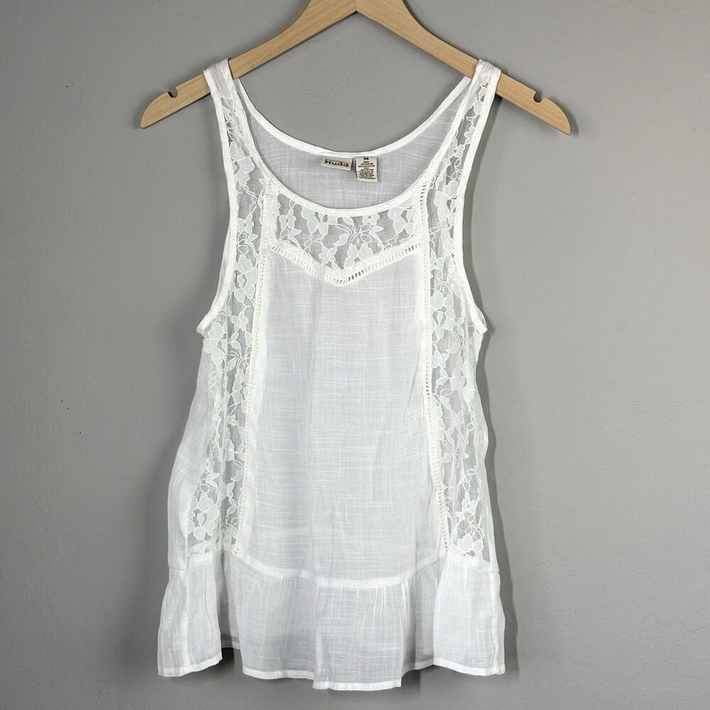 Vintage Y2K Mudd Tank Top Women M White Lace Sheer Gauze Coquette Babydoll Angel